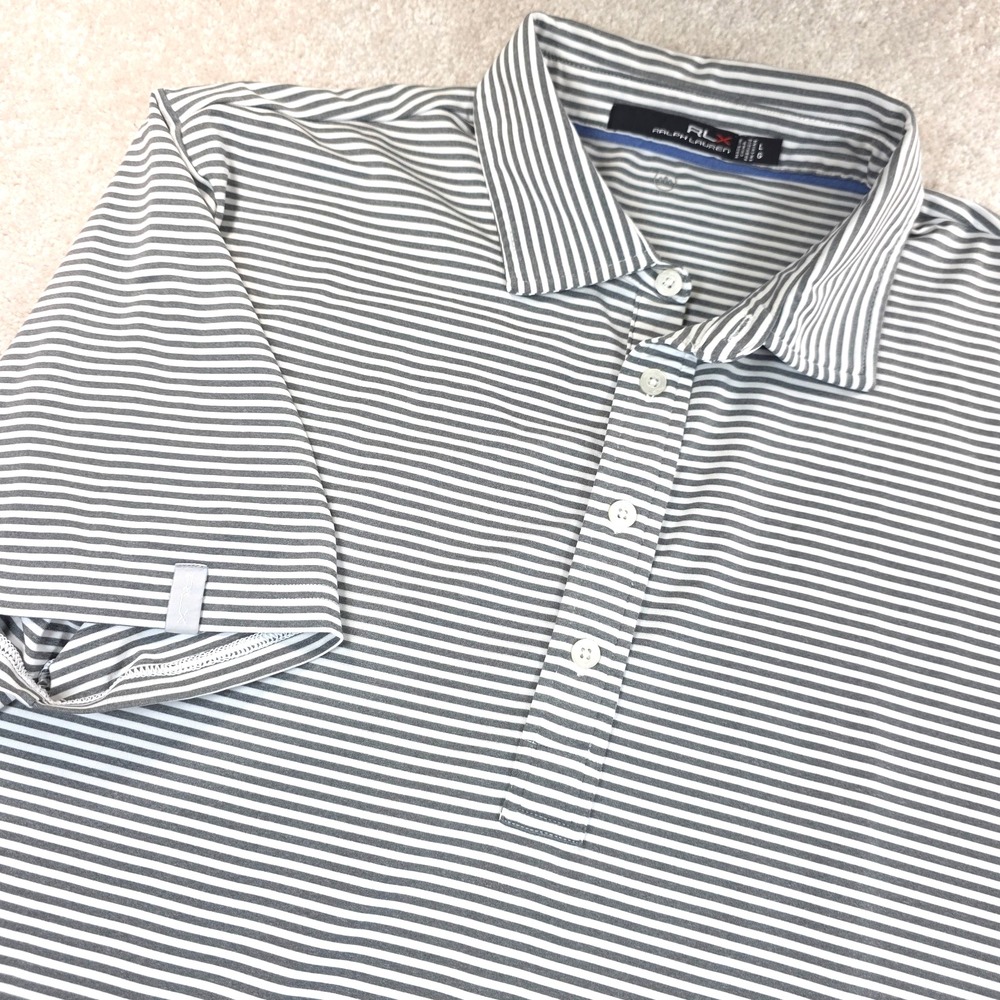 RLX Ralph Lauren Polo Shirt Mens L Gray Striped Moisture Wicking Performance